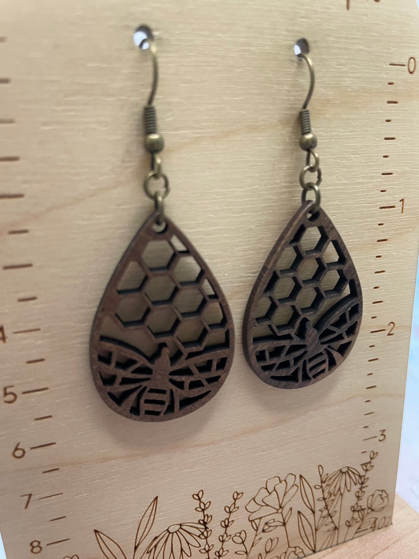 Boucle d'oreille en bois abeille+rayon de miel