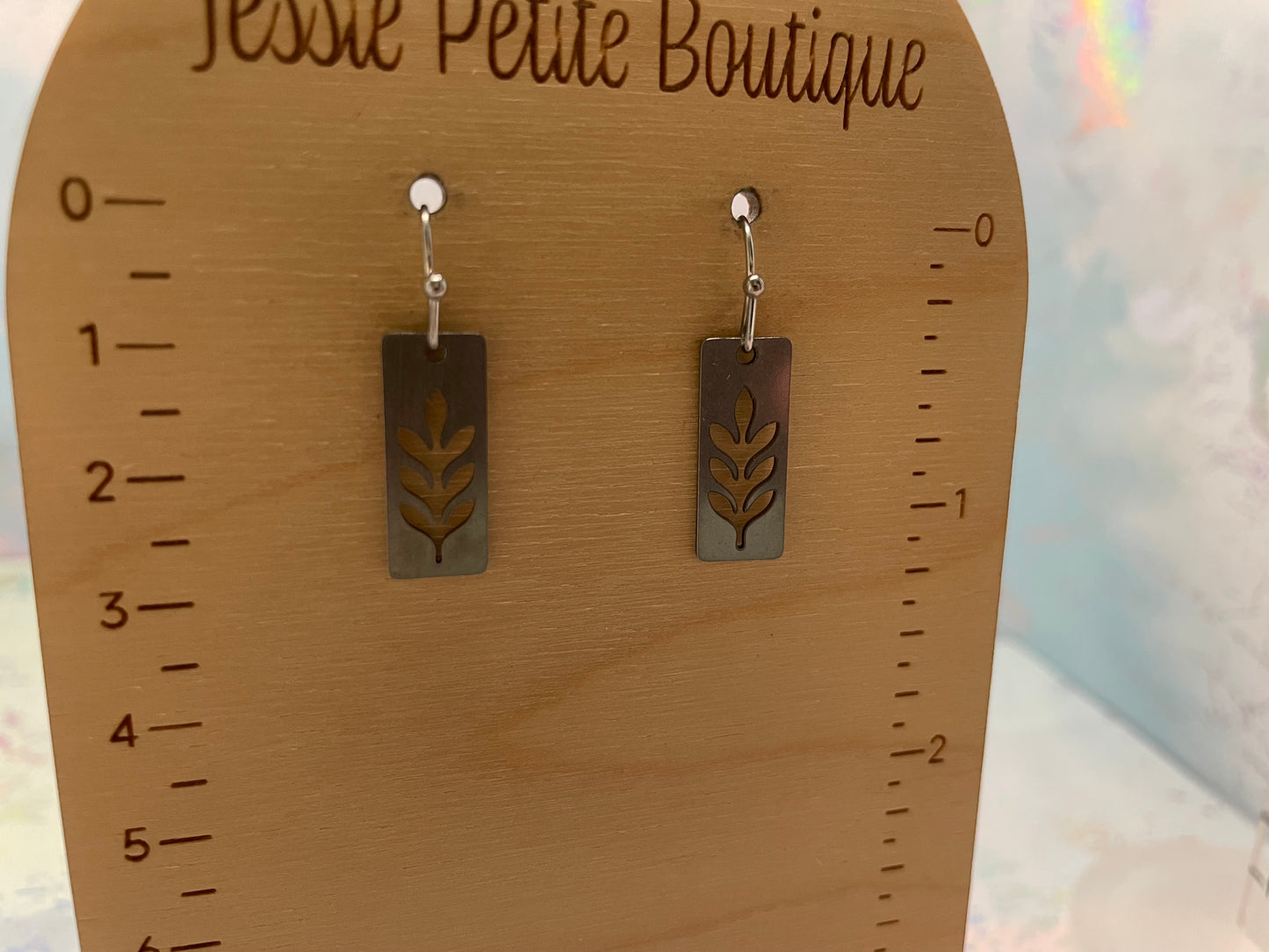 Boucle d'oreille Rectangle Feuille Argente-Acier Inoxydable