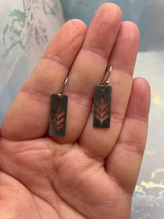 Boucle d'oreille Rectangle Feuille Argente-Acier Inoxydable