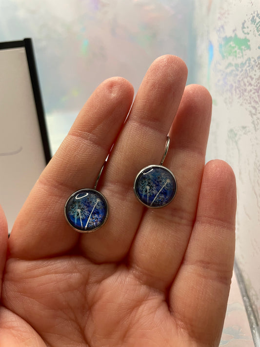 White Dandelion on Blue Leverback Earrings-Stainless Steel