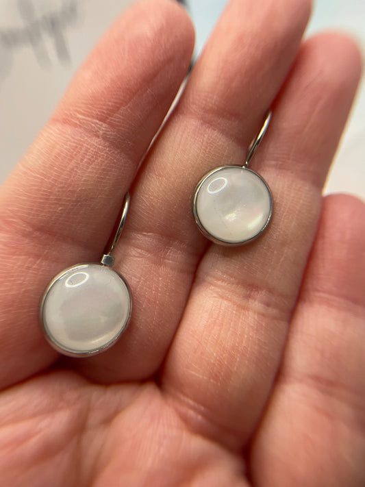 White Cabochon Leverback Earrings-Stainless Steel