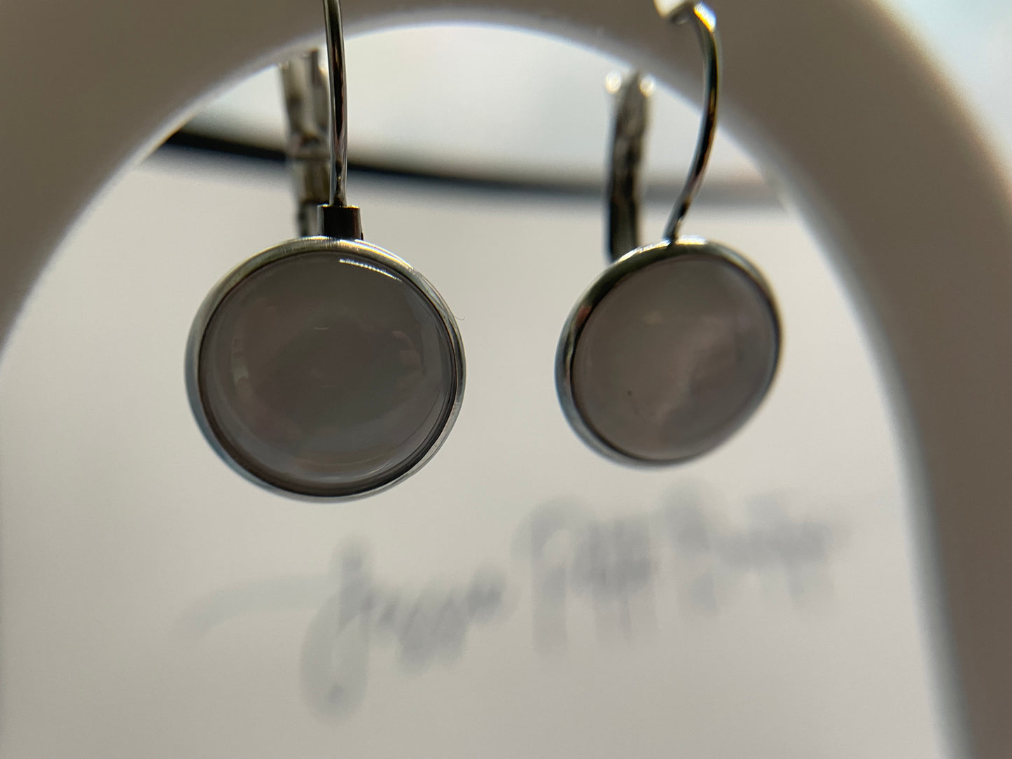 White Cabochon Leverback Earrings-Stainless Steel
