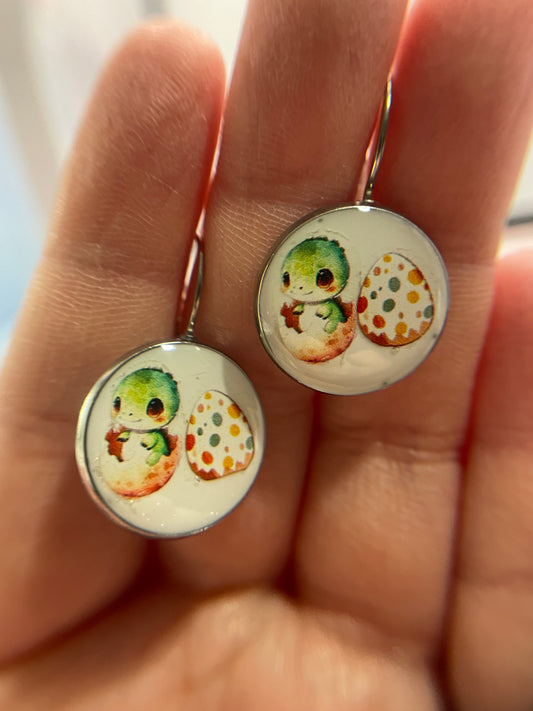 Boucles d’oreilles à dormeuse Bébé dinosaure et œuf à pois-Acier Inoxydable