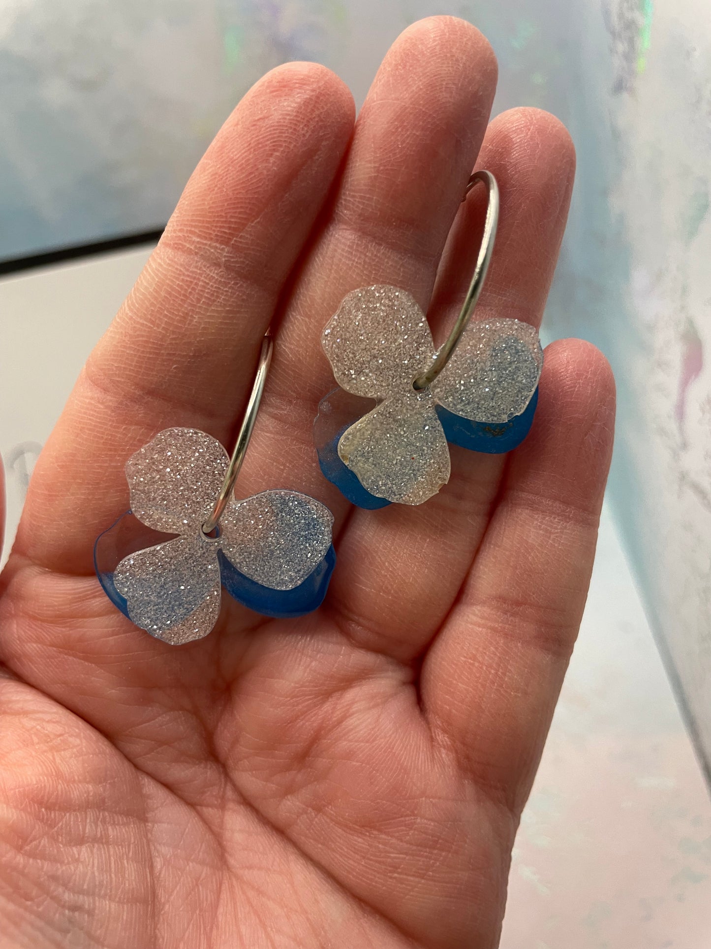 Sparkly Blue Ombre Pansy Hoop Earrings