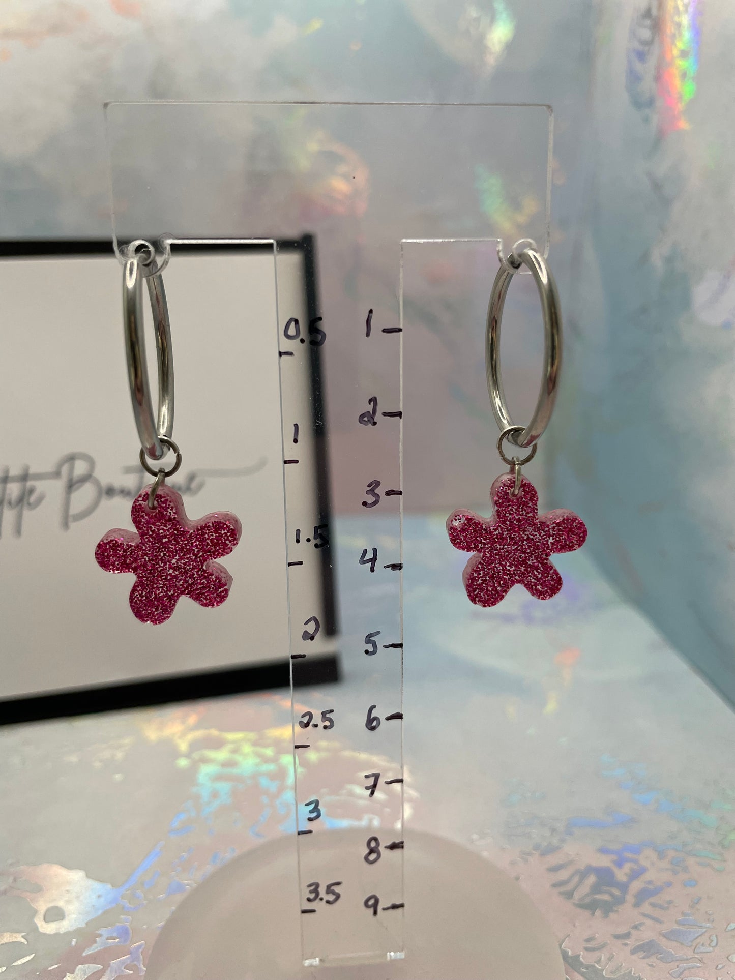 Sparkly Pink Flower Hoop Earrings-Stainless Steel