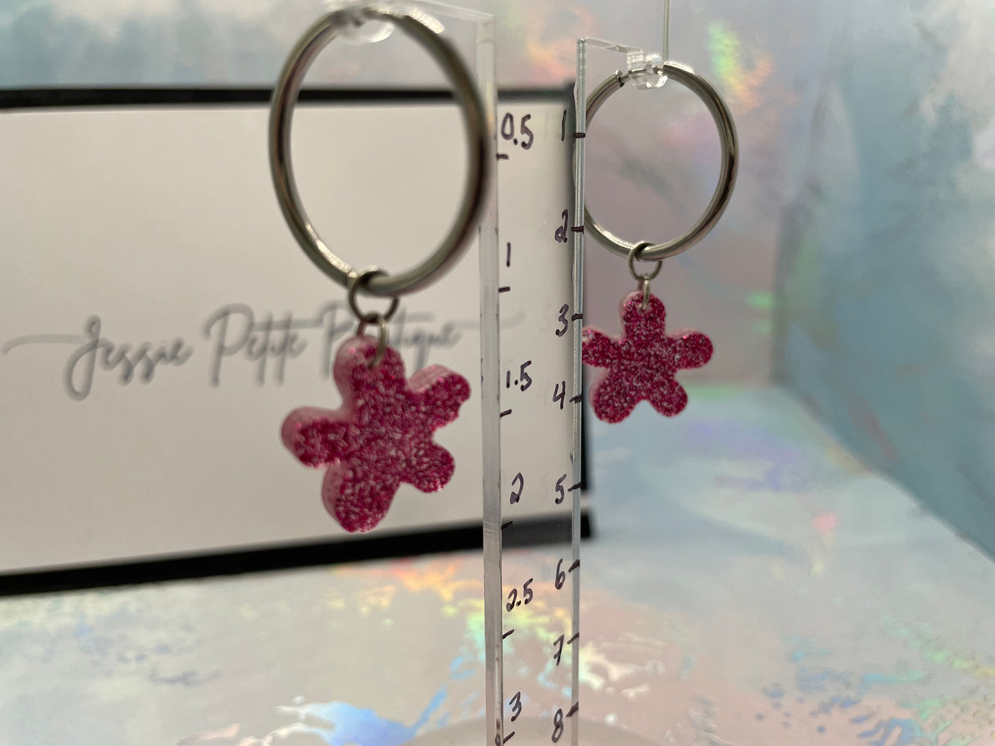 Sparkly Pink Flower Hoop Earrings-Stainless Steel