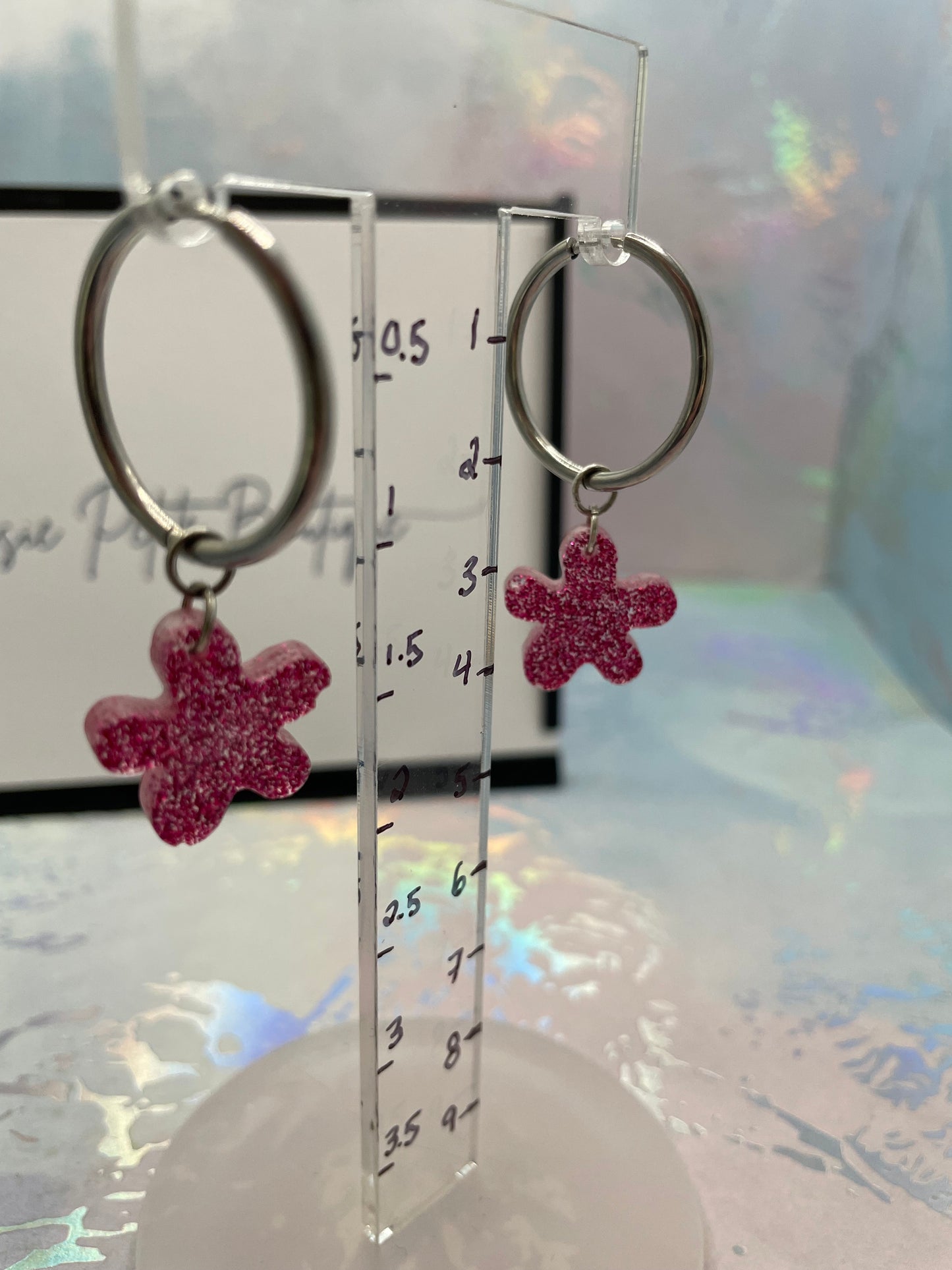 Sparkly Pink Flower Hoop Earrings-Stainless Steel