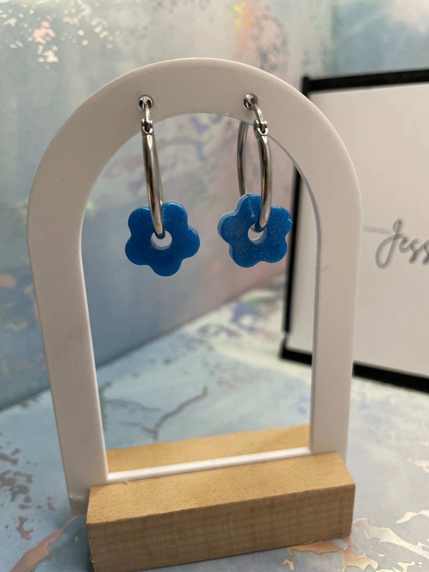 Anneaux avec petite fleur bleue brillante-Acier Inoxydable