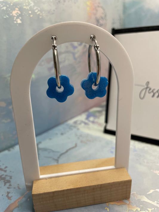 Anneaux avec petite fleur bleue brillante-Acier Inoxydable