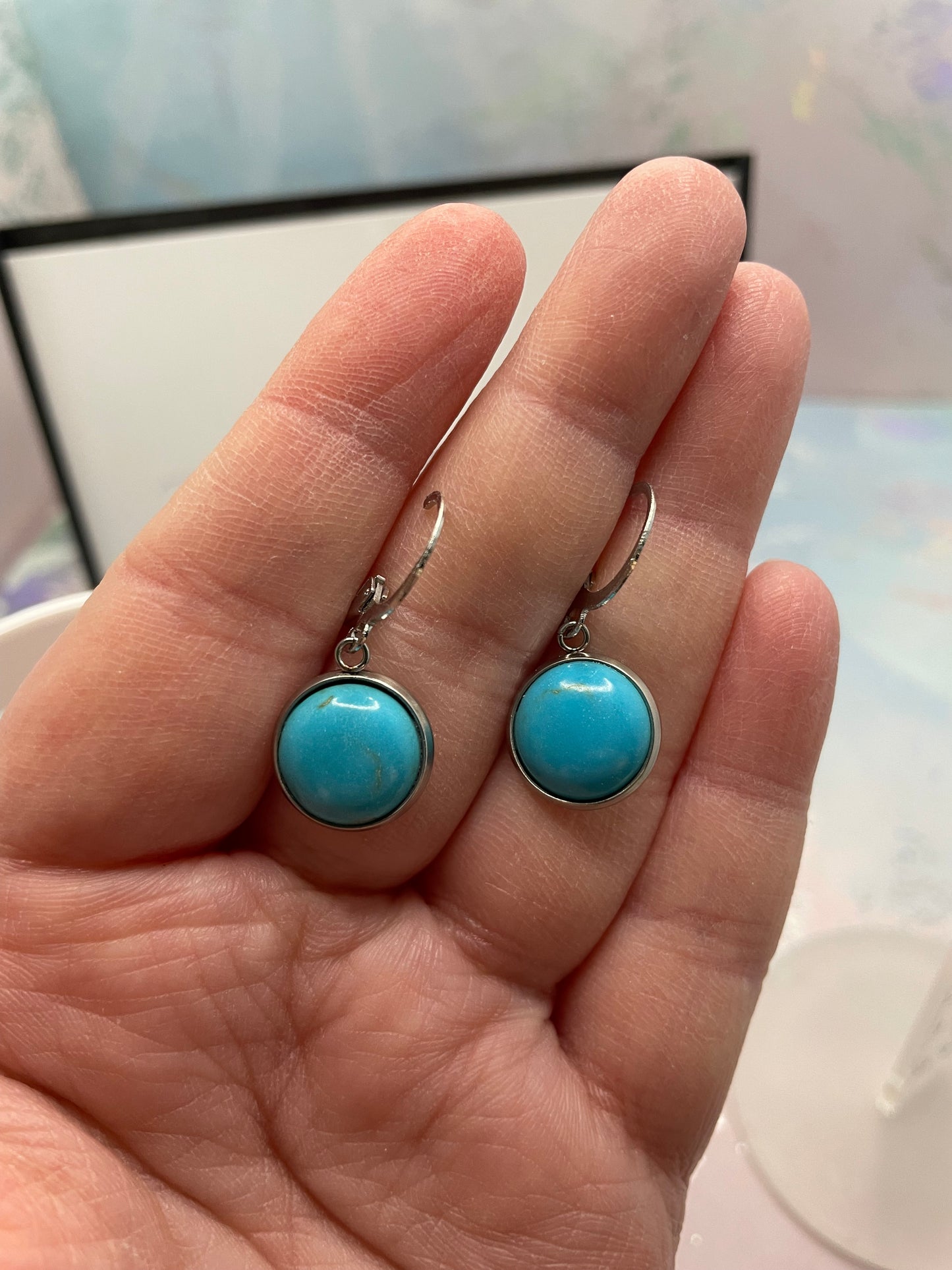 Boucles d’oreilles cabochon turquoise naturelle-Sans Nickel