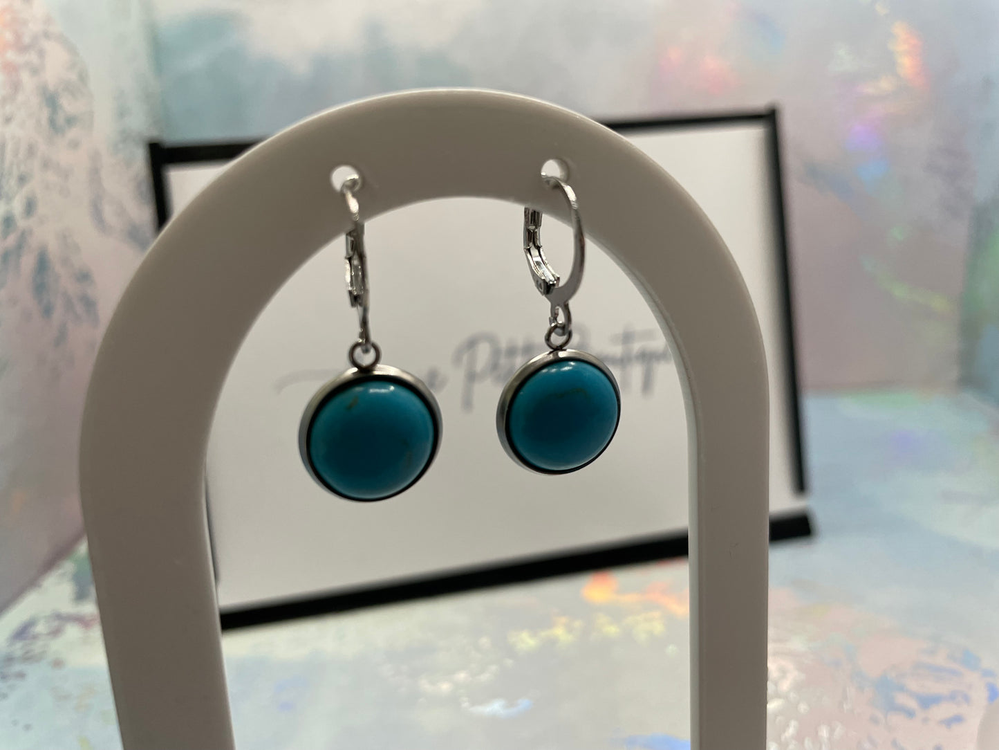 Boucles d’oreilles cabochon turquoise naturelle-Sans Nickel