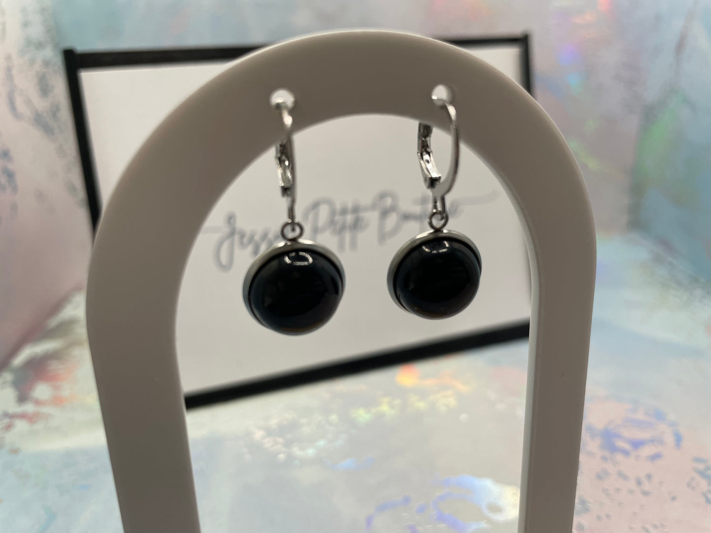 Boucles d’oreilles pendantes onyx noir dans cabochon-Sans Nickel