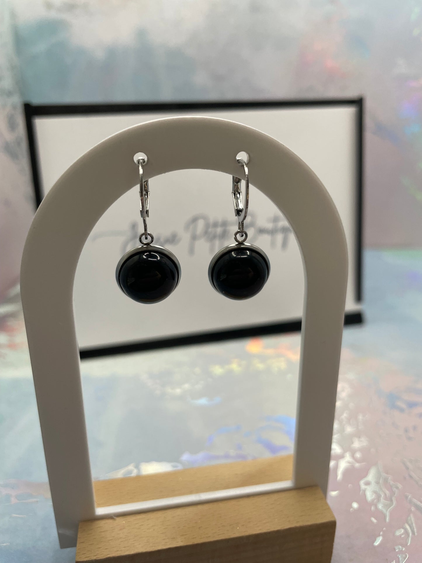 Boucles d’oreilles pendantes onyx noir dans cabochon-Sans Nickel