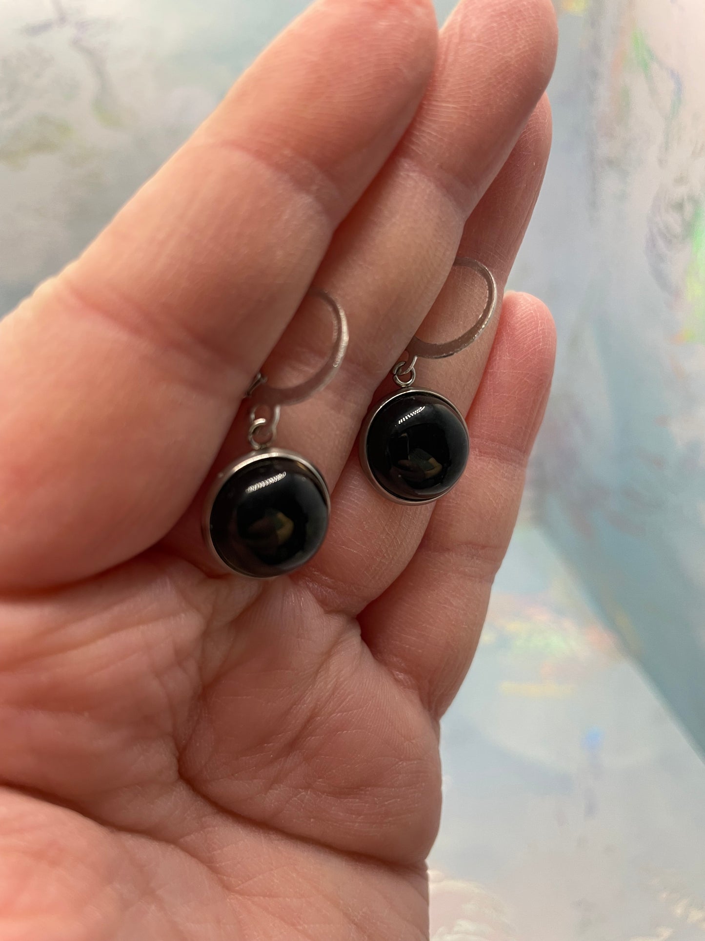 Boucles d’oreilles pendantes onyx noir dans cabochon-Sans Nickel