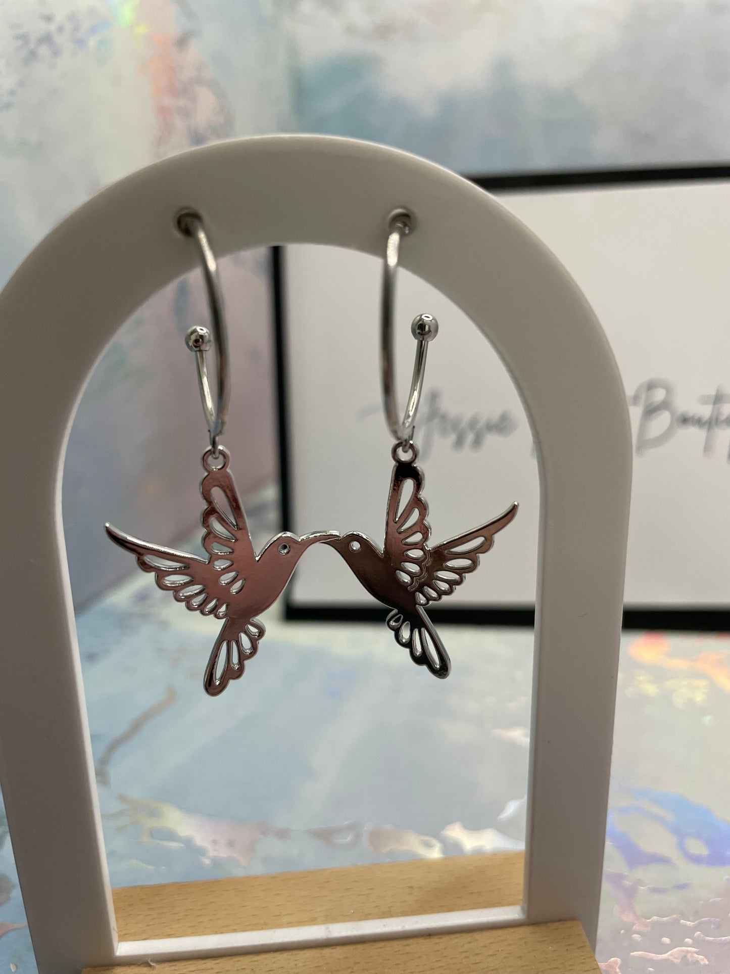 Silver Flying Bird Hoop Drop Earrings-Stainless Steel
