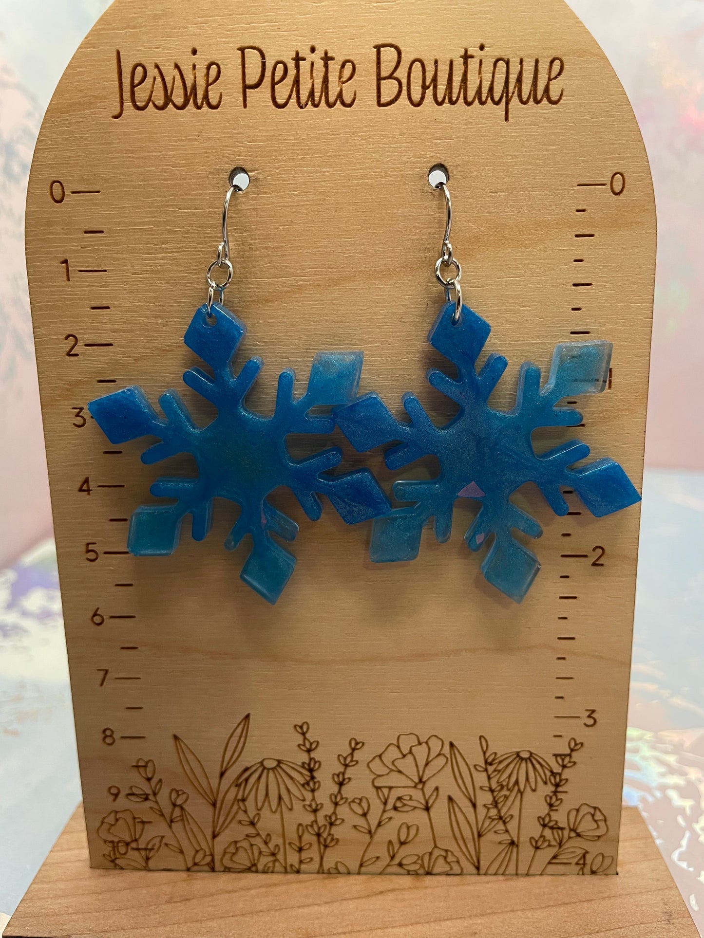 Blue Snowflake Resin Earrings-Stainless Steel