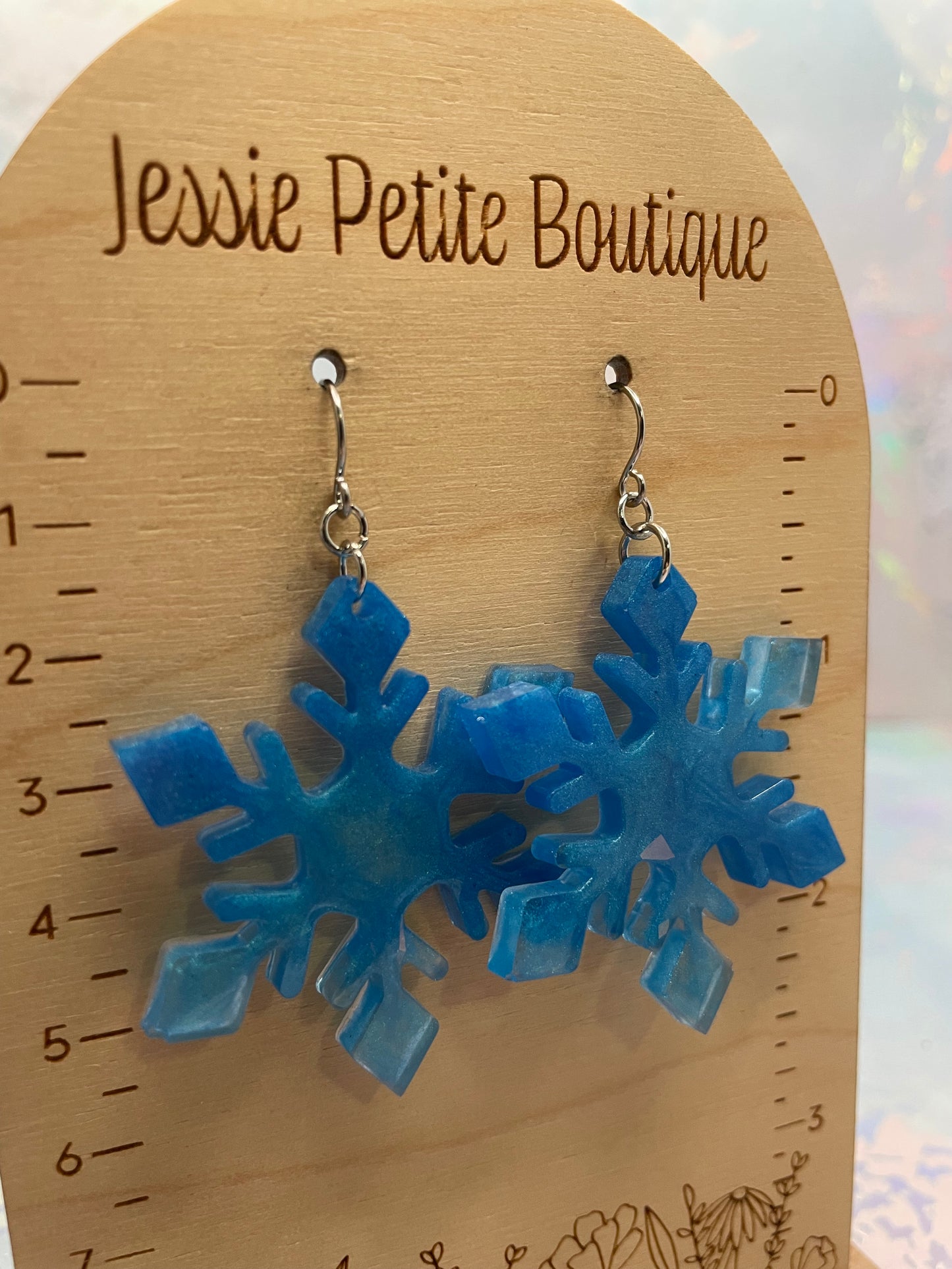 Blue Snowflake Resin Earrings-Stainless Steel
