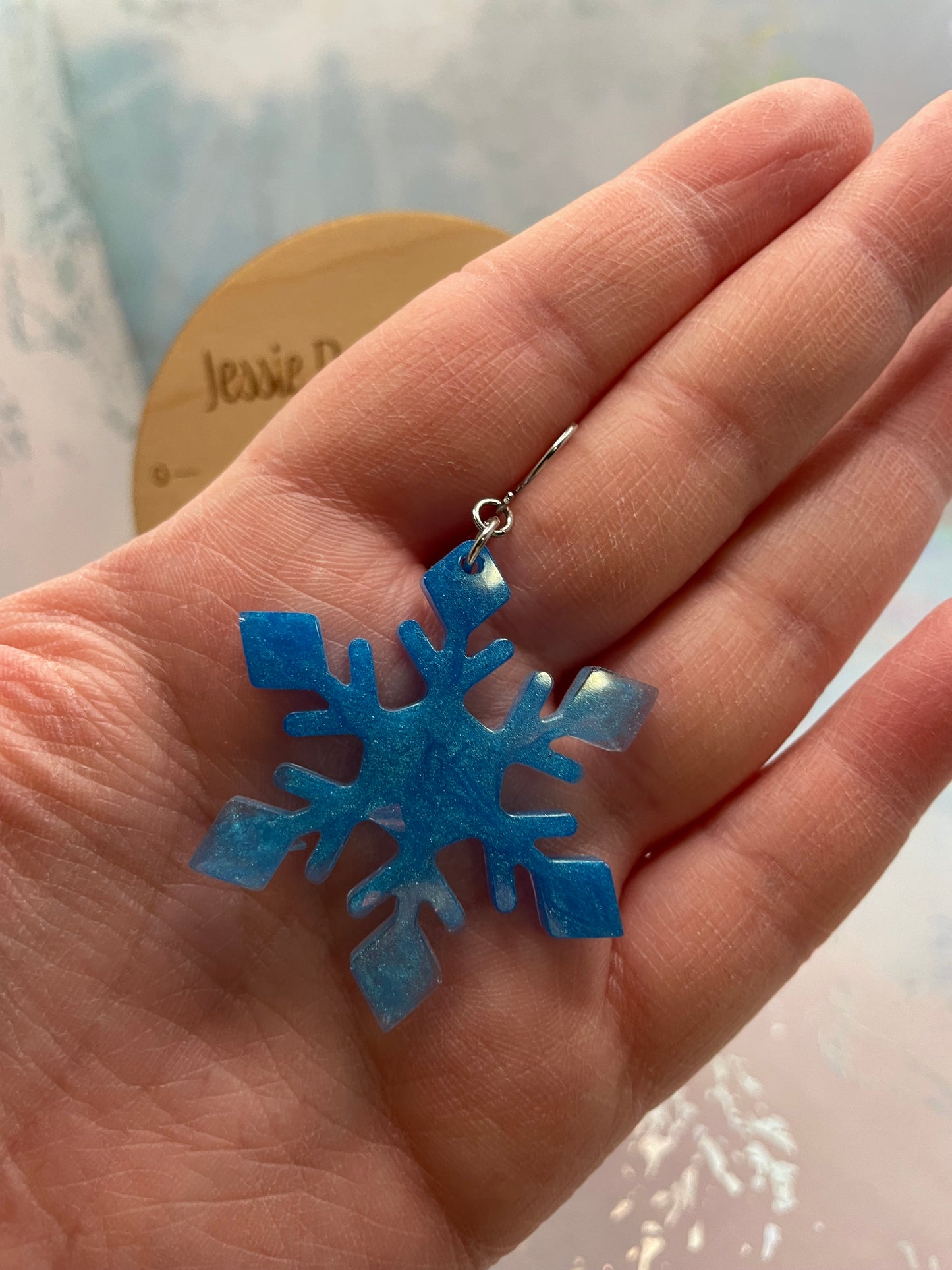 Blue Snowflake Resin Earrings-Stainless Steel