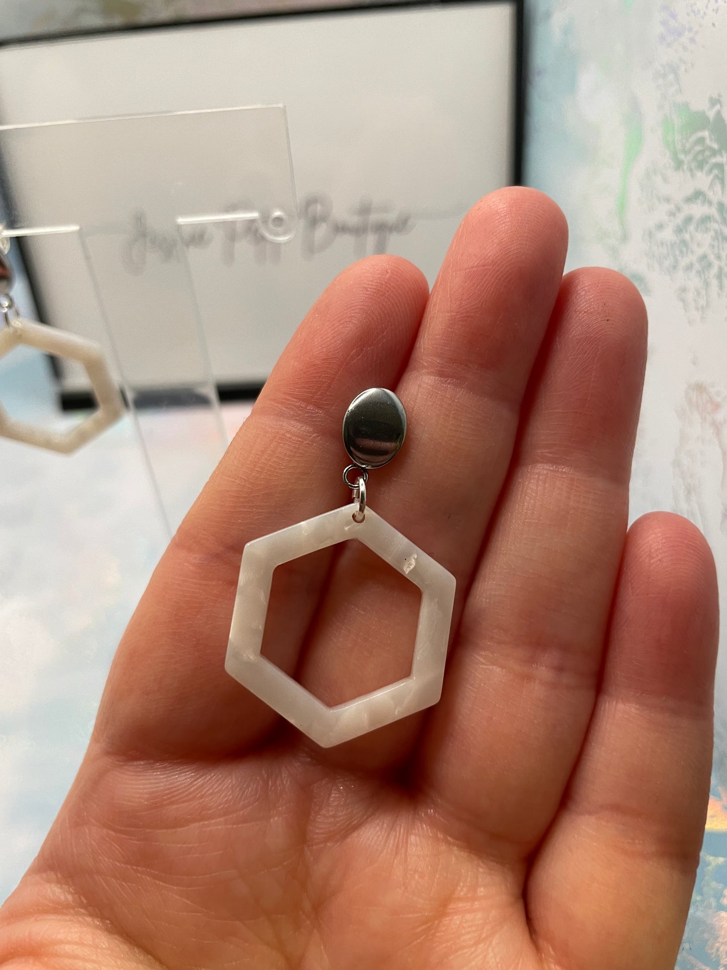 Boucles d'oreilles hexagon acrylique blanc - Acier Inoxydable