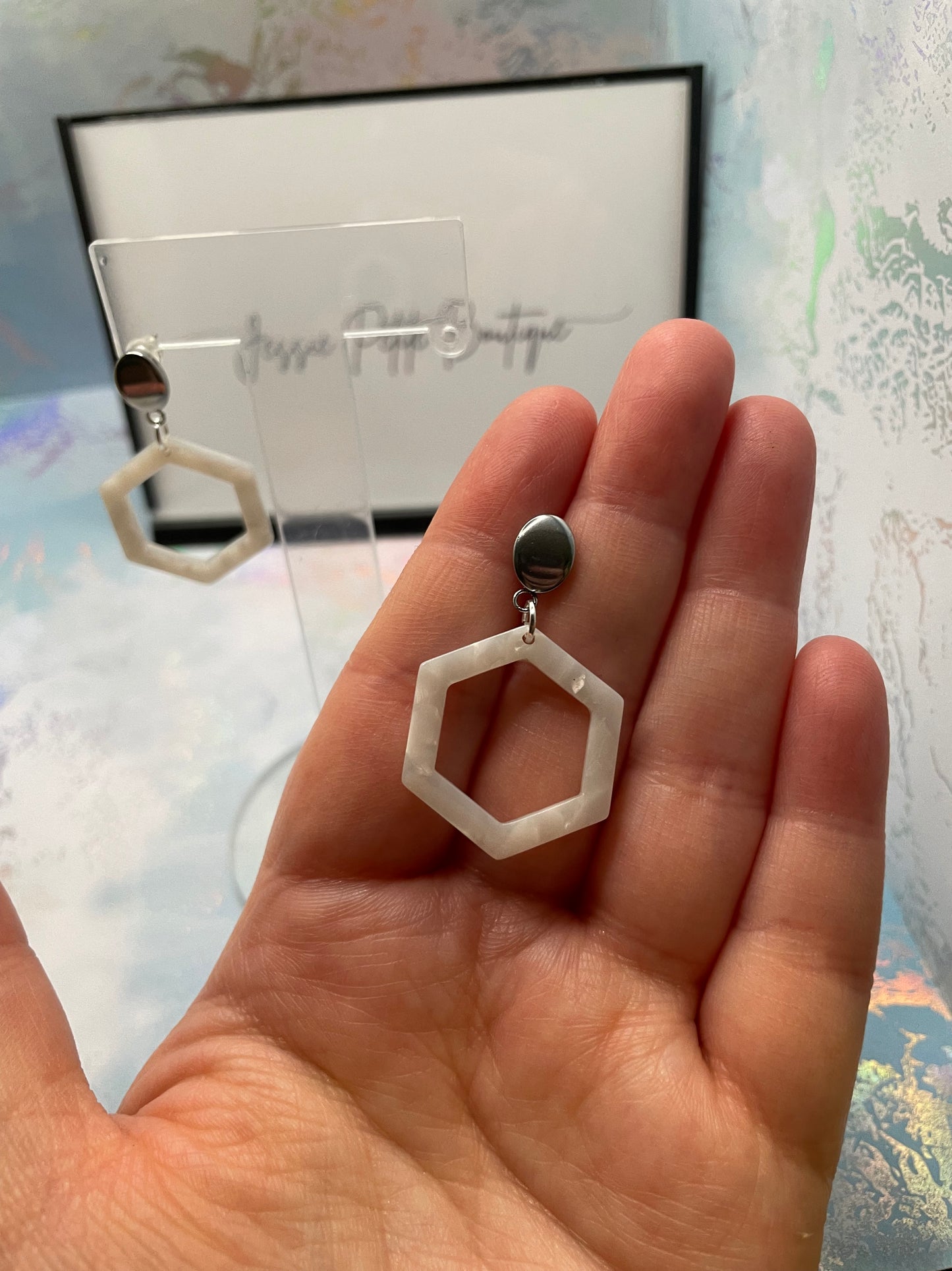 Boucles d'oreilles hexagon acrylique blanc - Acier Inoxydable