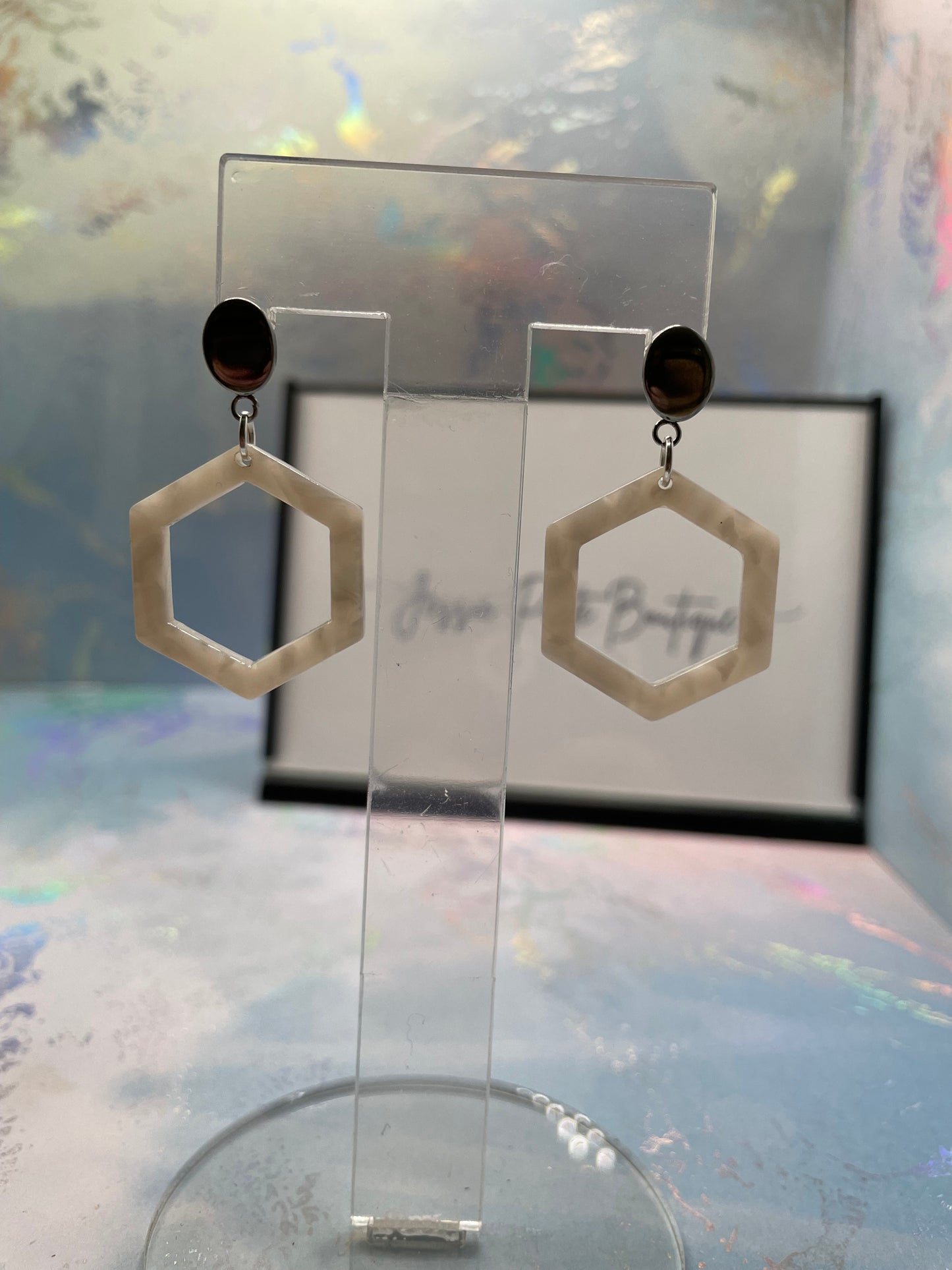 Boucles d'oreilles hexagon acrylique blanc - Acier Inoxydable