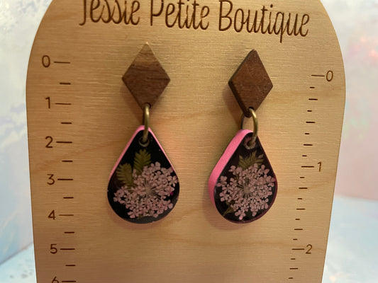 Queen Anne’s Lace Teardrop Earrings with Wood Stud-Nickel Free