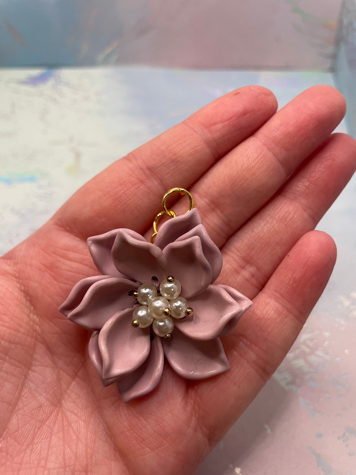 Boucles d’oreilles fleur rose avec perles pendante-Sans Nickel