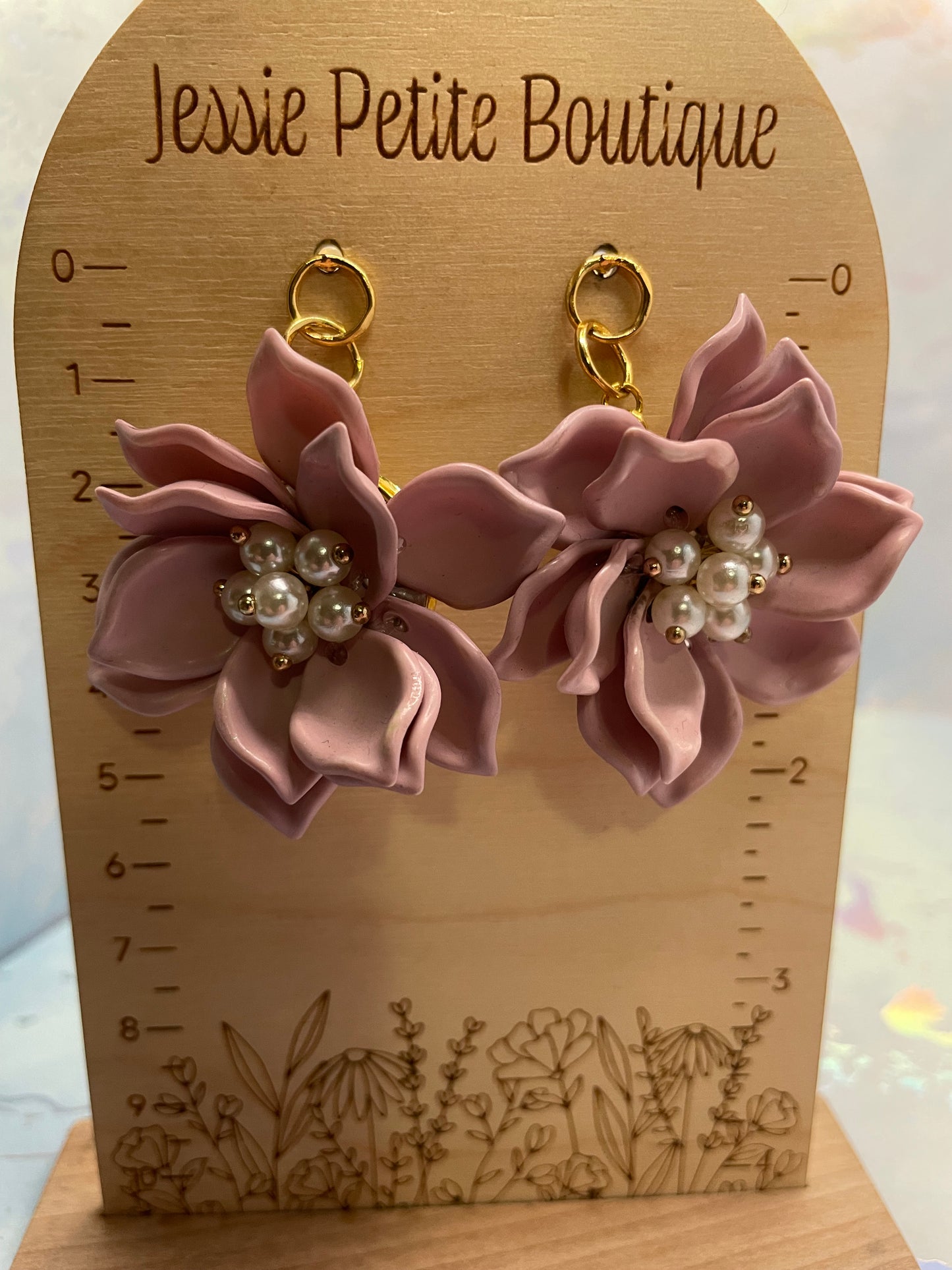 Boucles d’oreilles fleur rose avec perles pendante-Sans Nickel