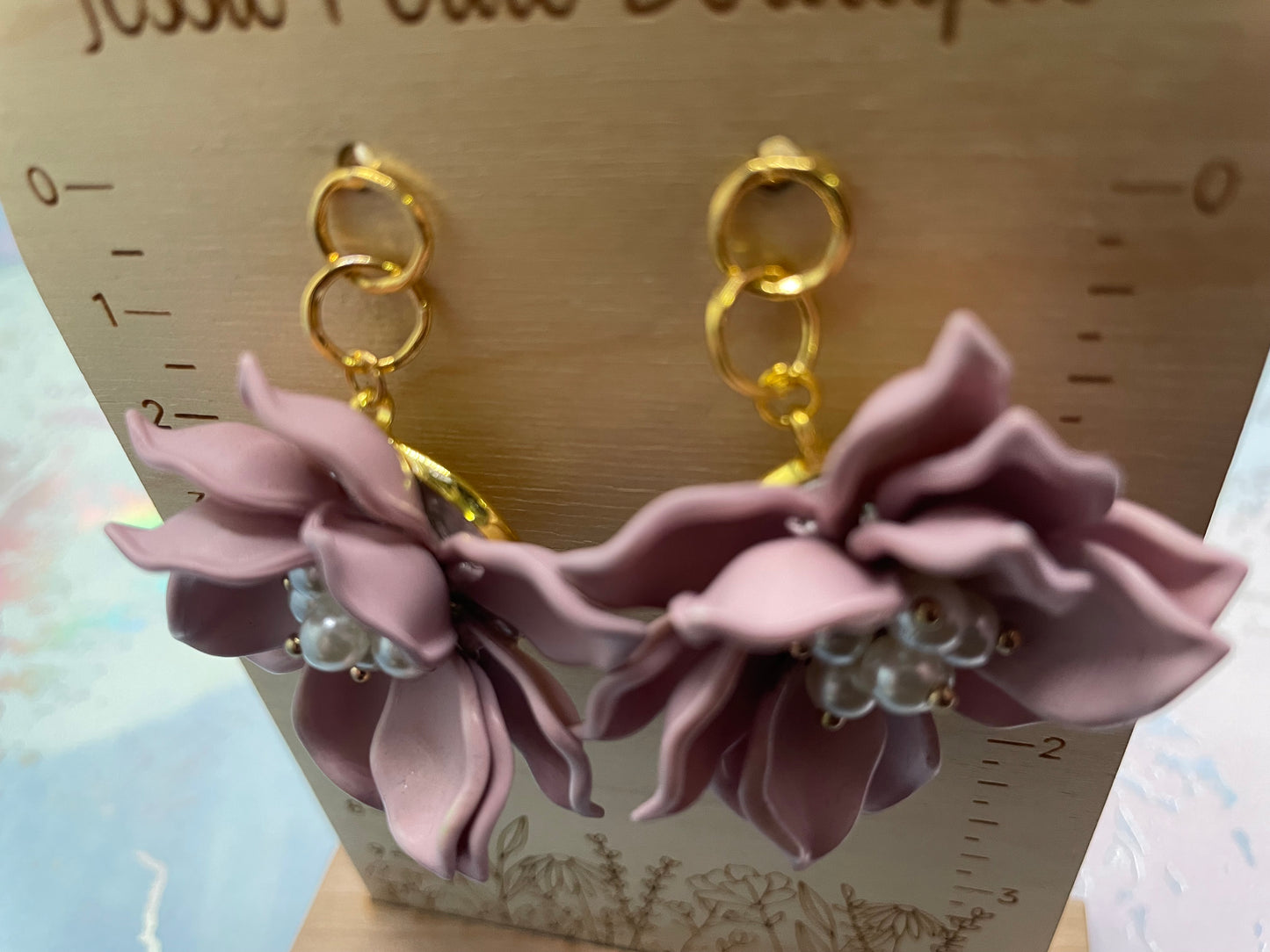 Boucles d’oreilles fleur rose avec perles pendante-Sans Nickel