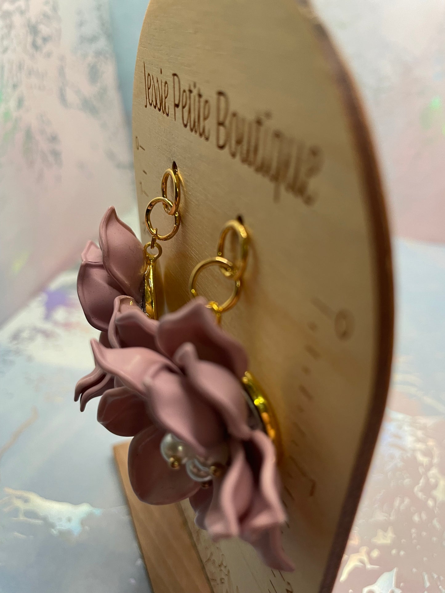 Boucles d’oreilles fleur rose avec perles pendante-Sans Nickel