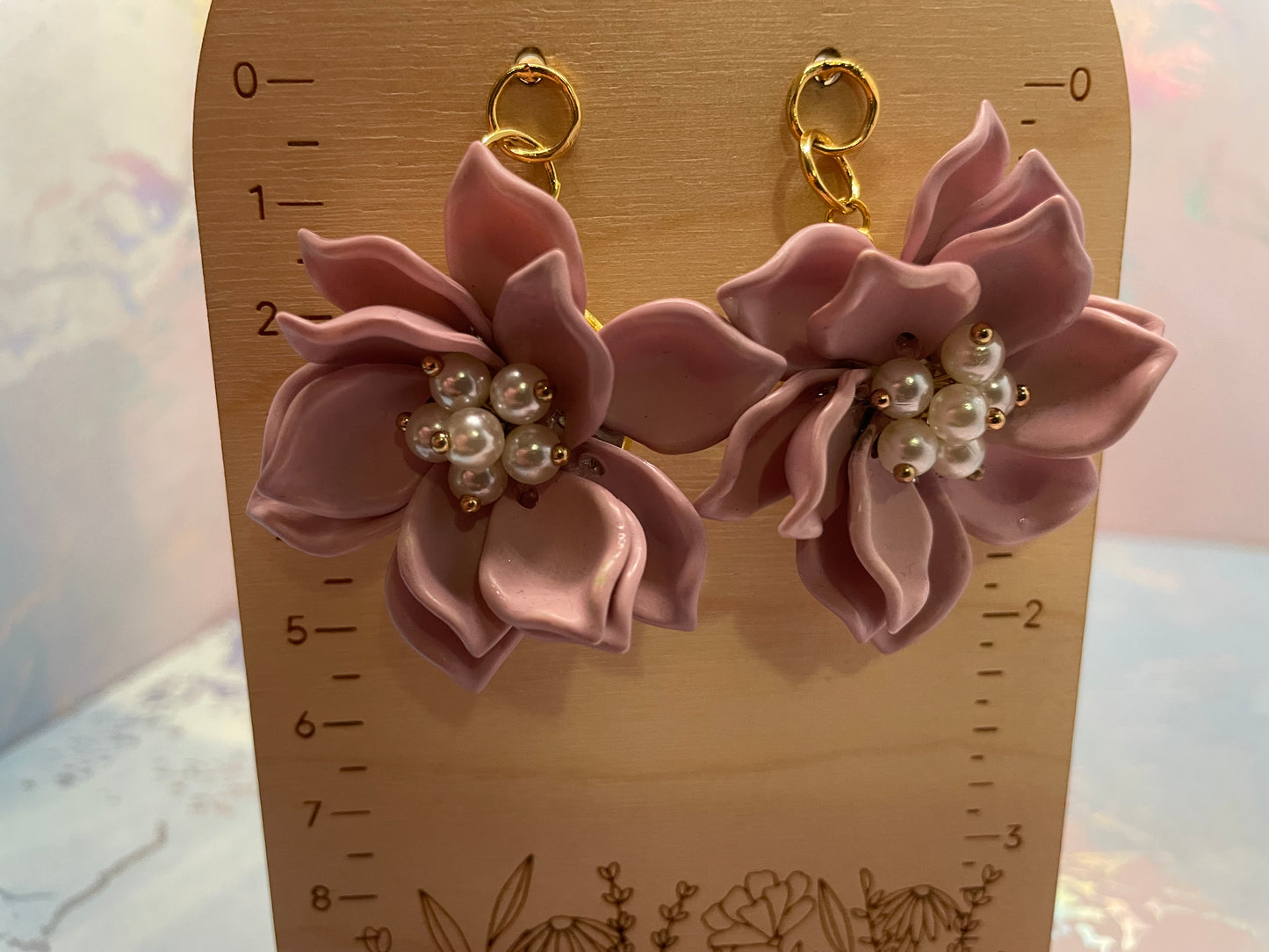 Boucles d’oreilles fleur rose avec perles pendante-Sans Nickel