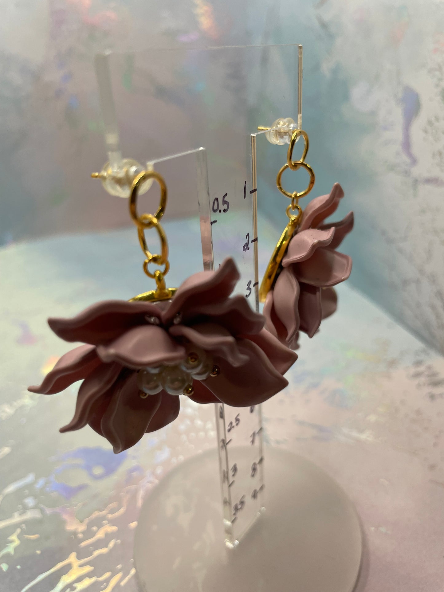 Boucles d’oreilles fleur rose avec perles pendante-Sans Nickel
