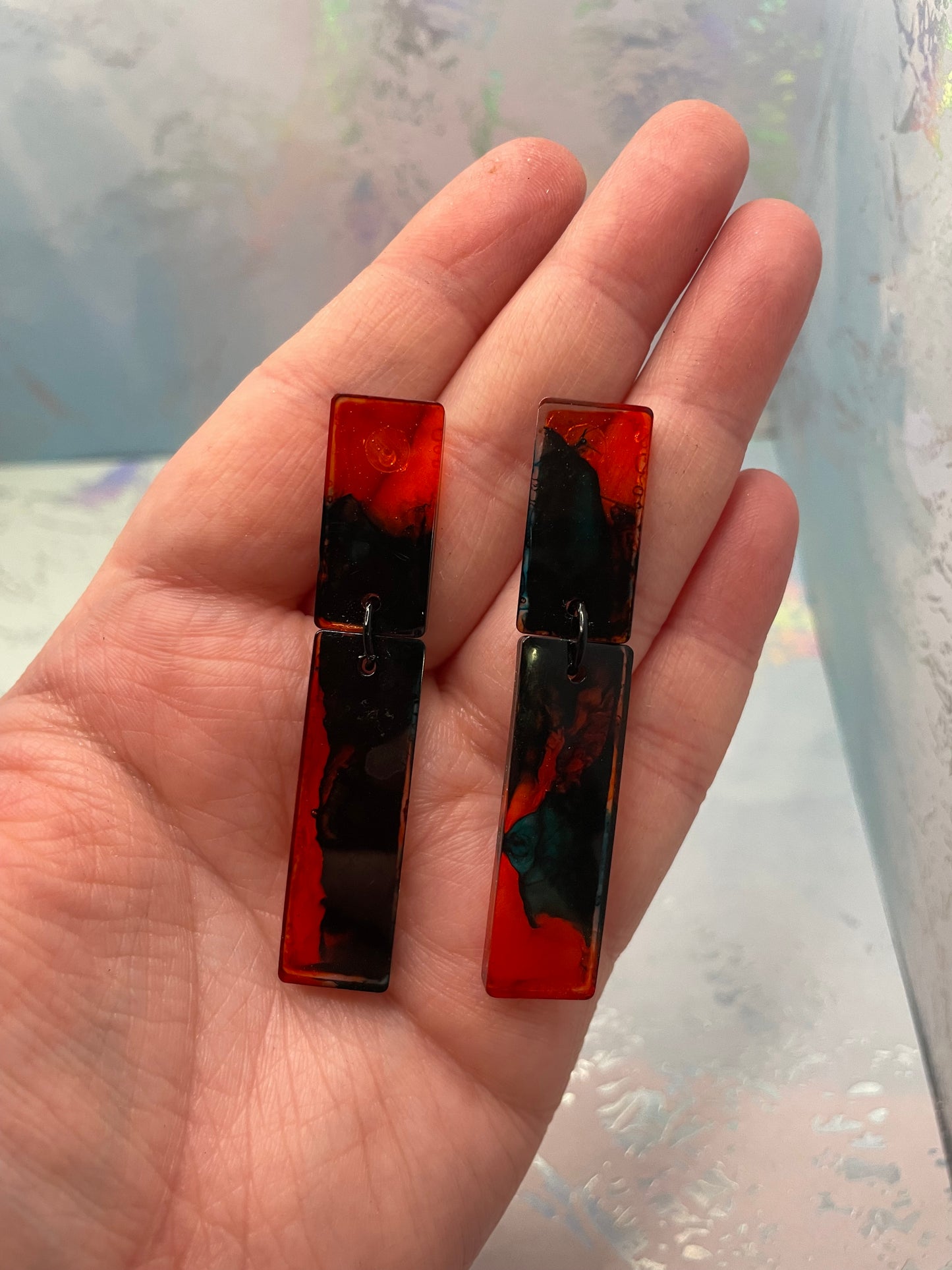 Boucles d’oreilles rectangulaires en résine orange et bleu-Plastique, Hypoallergéniques