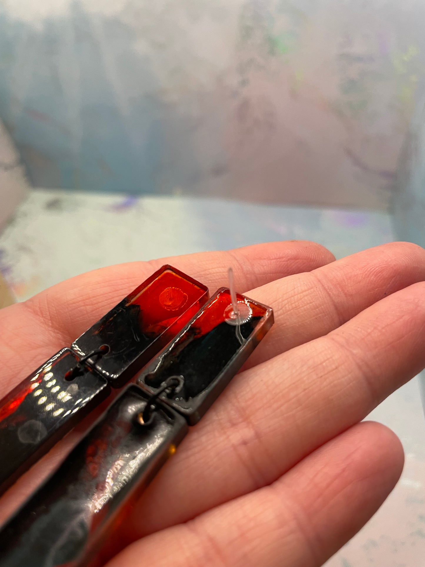 Boucles d’oreilles rectangulaires en résine orange et bleu-Plastique, Hypoallergéniques