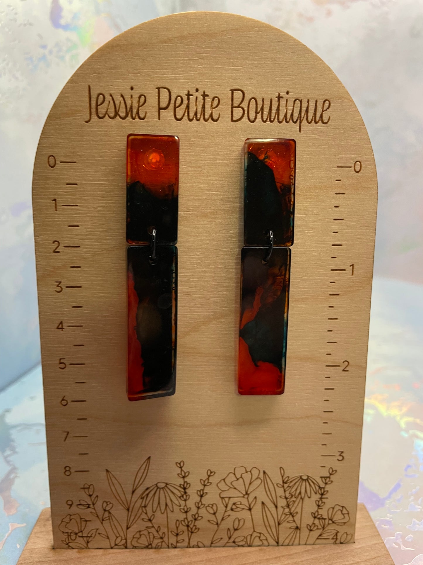 Boucles d’oreilles rectangulaires en résine orange et bleu-Plastique, Hypoallergéniques