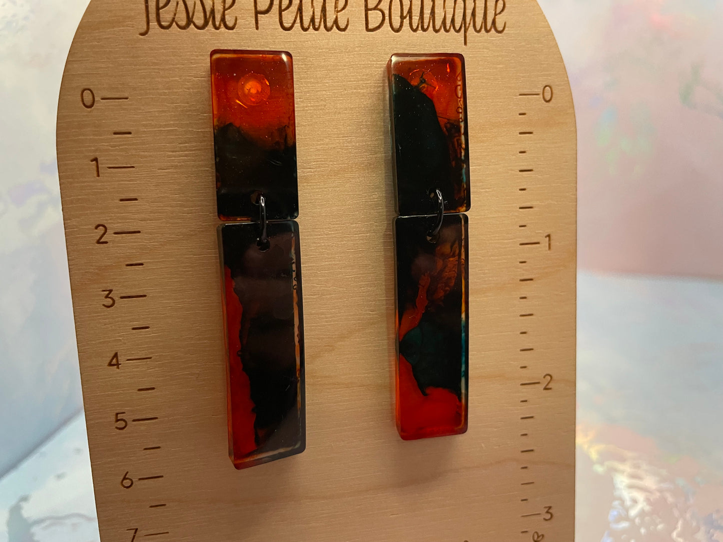 Boucles d’oreilles rectangulaires en résine orange et bleu-Plastique, Hypoallergéniques