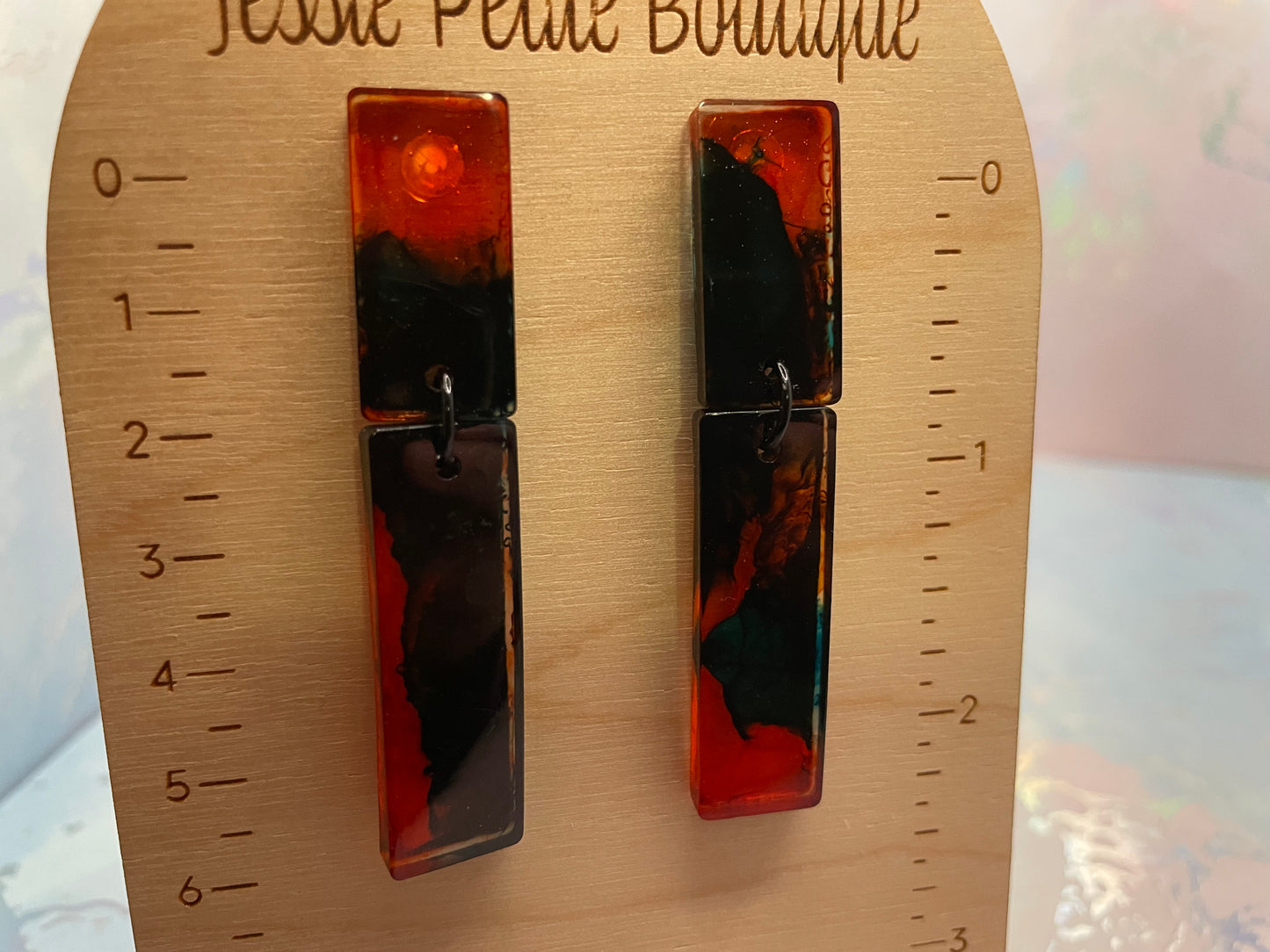 Boucles d’oreilles rectangulaires en résine orange et bleu-Plastique, Hypoallergéniques