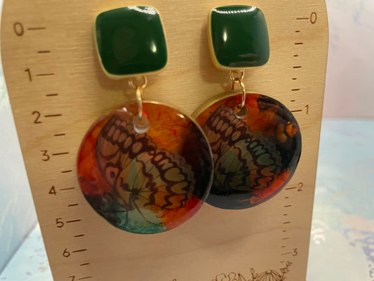 Boucle d'oreille papillon sur cercle orange+vert-Sans Nickel