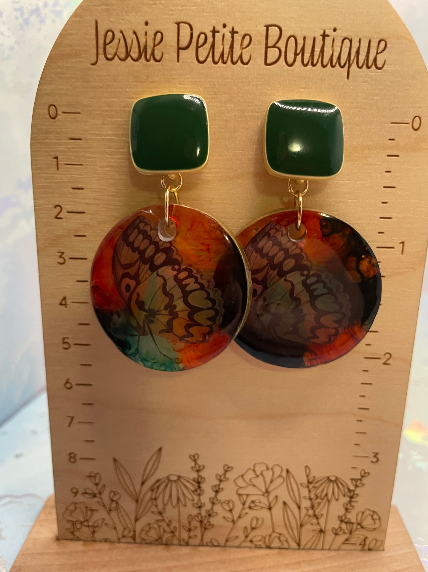 Boucle d'oreille papillon sur cercle orange+vert-Sans Nickel