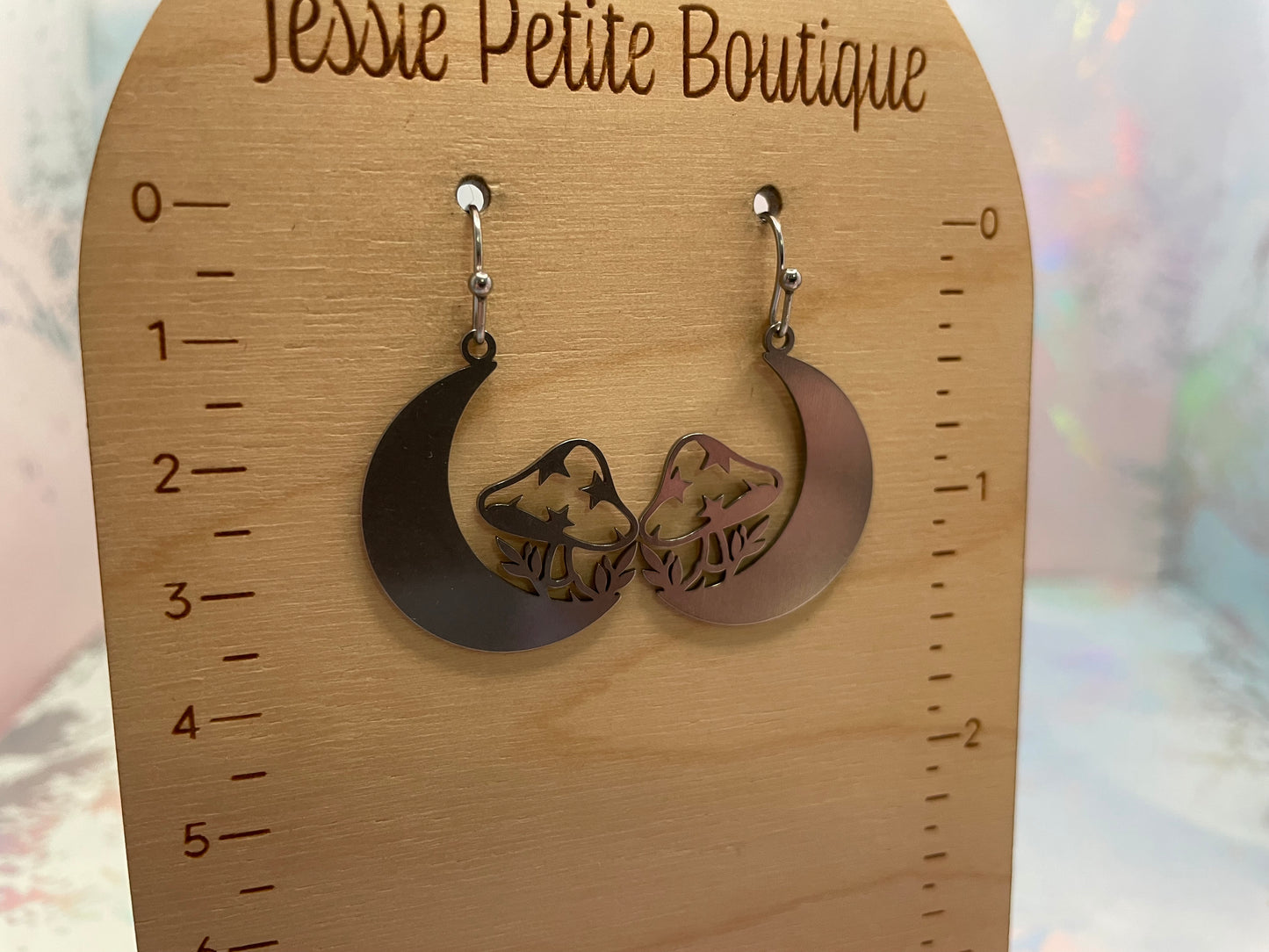Silver Crescent Moon+Mushroom Earrings-Stainless Steel