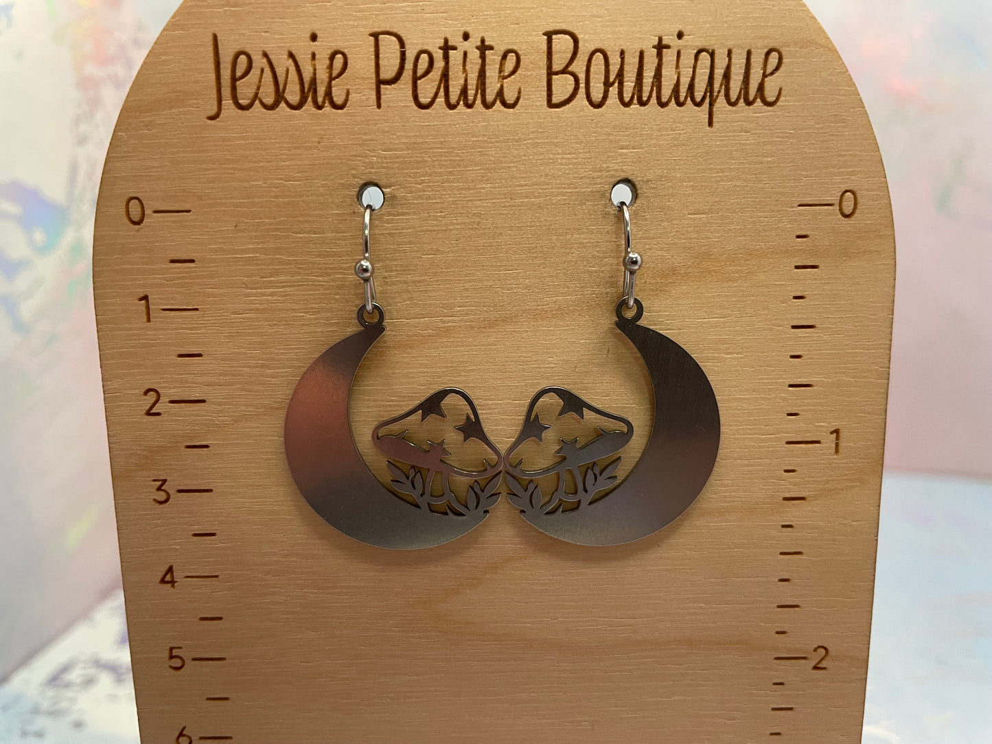 Silver Crescent Moon+Mushroom Earrings-Stainless Steel