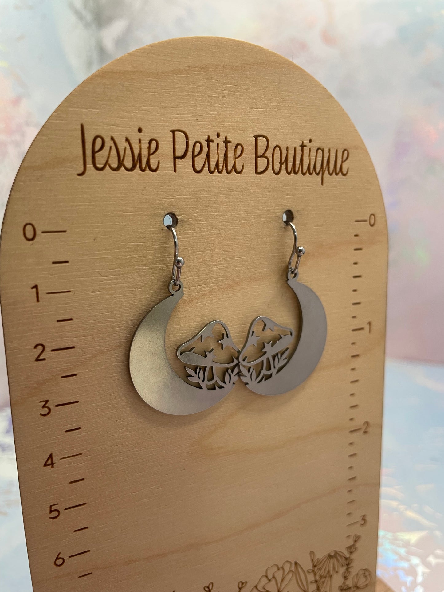 Silver Crescent Moon+Mushroom Earrings-Stainless Steel