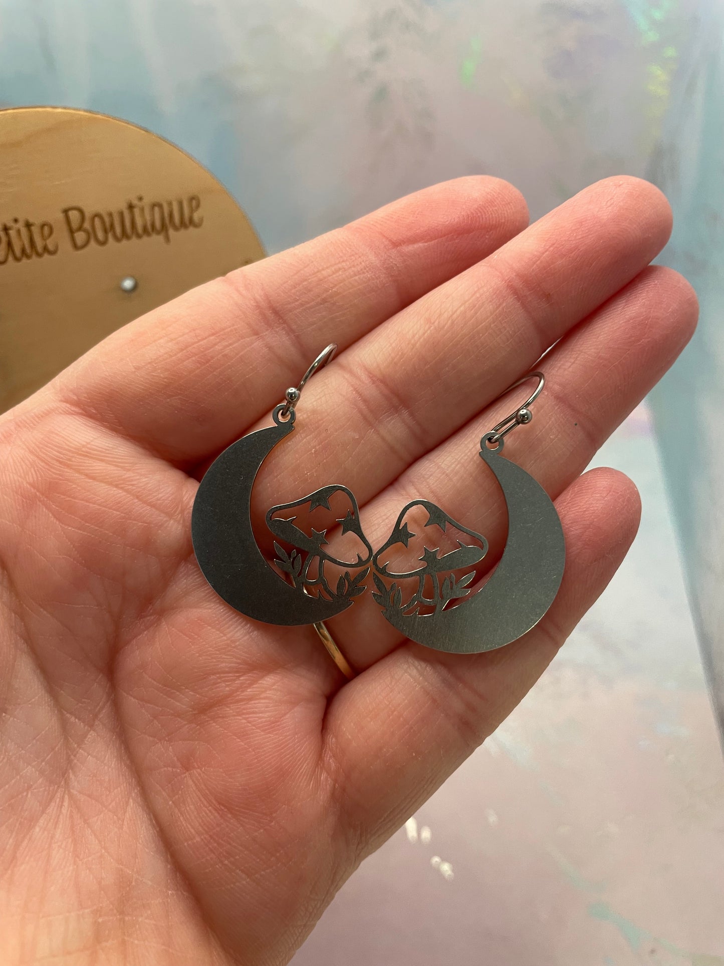 Silver Crescent Moon+Mushroom Earrings-Stainless Steel
