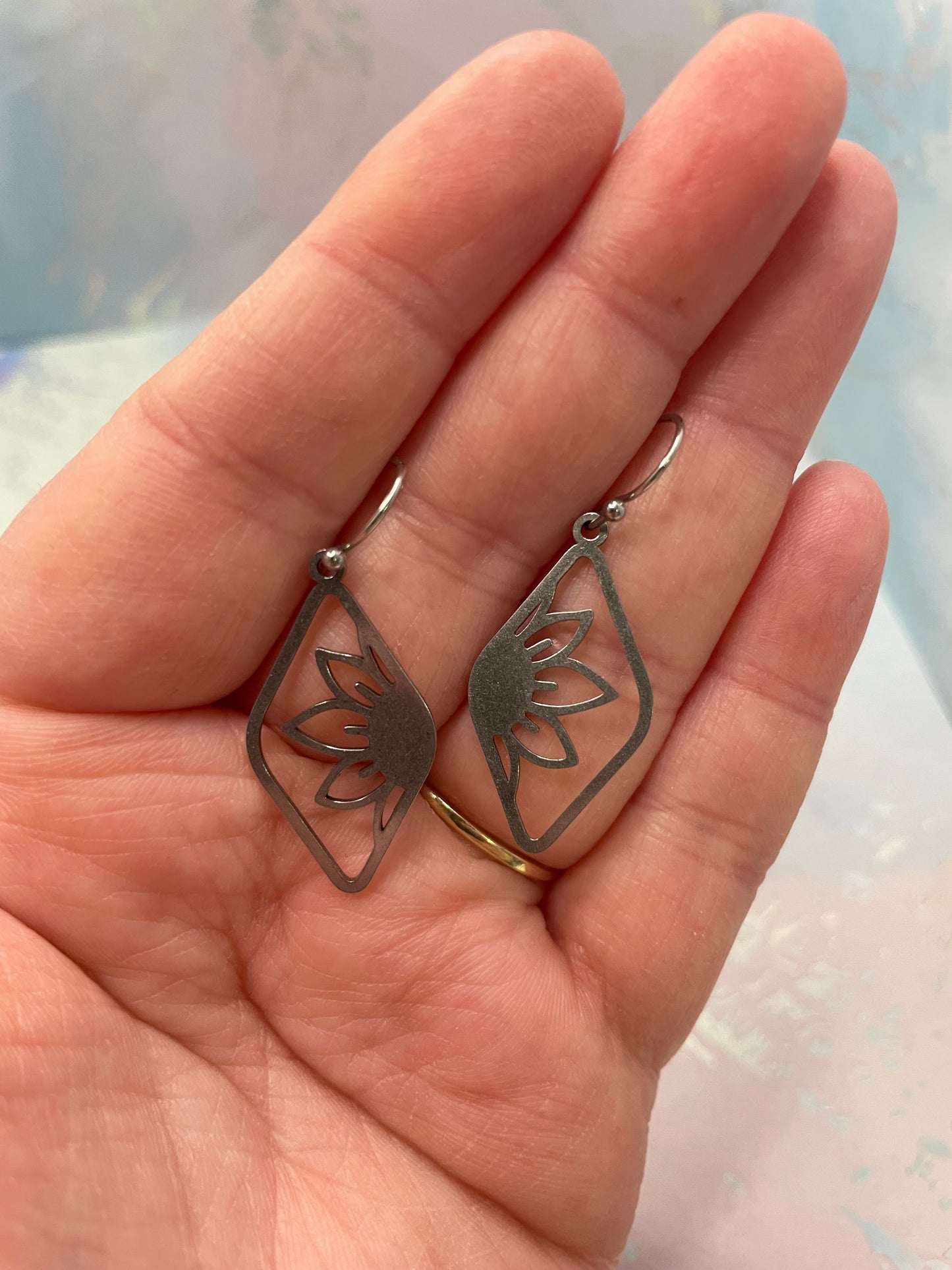 Silver Sunflower Diamond Drop Earrings-Stainless Steel+Nickel Free