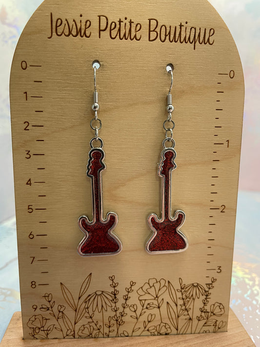 Sparkly Red Electric Guitar Earrings-Nickel Free