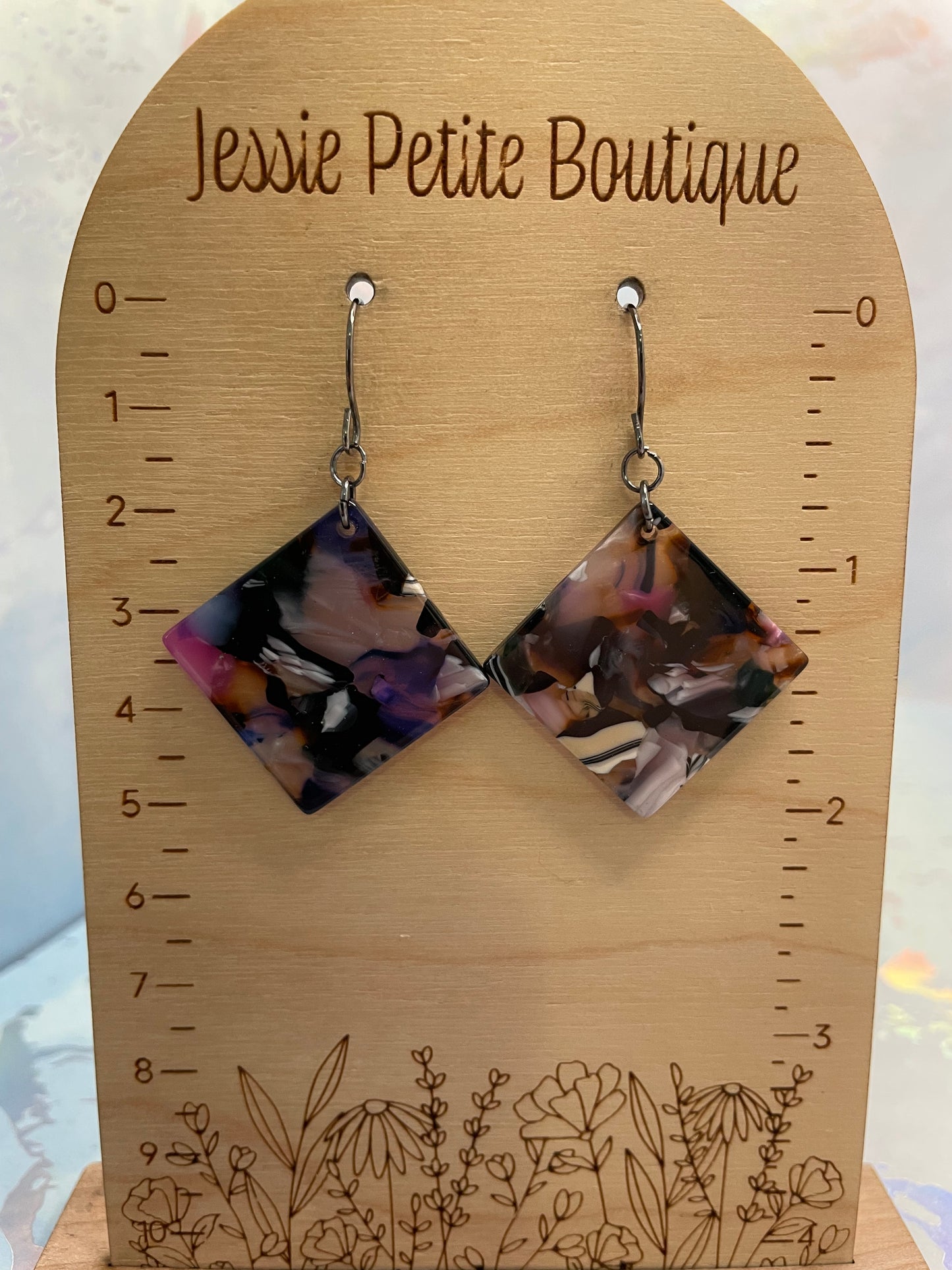 Boucles d’Oreilles Carrées en Acrylique Multicolores–Acier Inoxydable