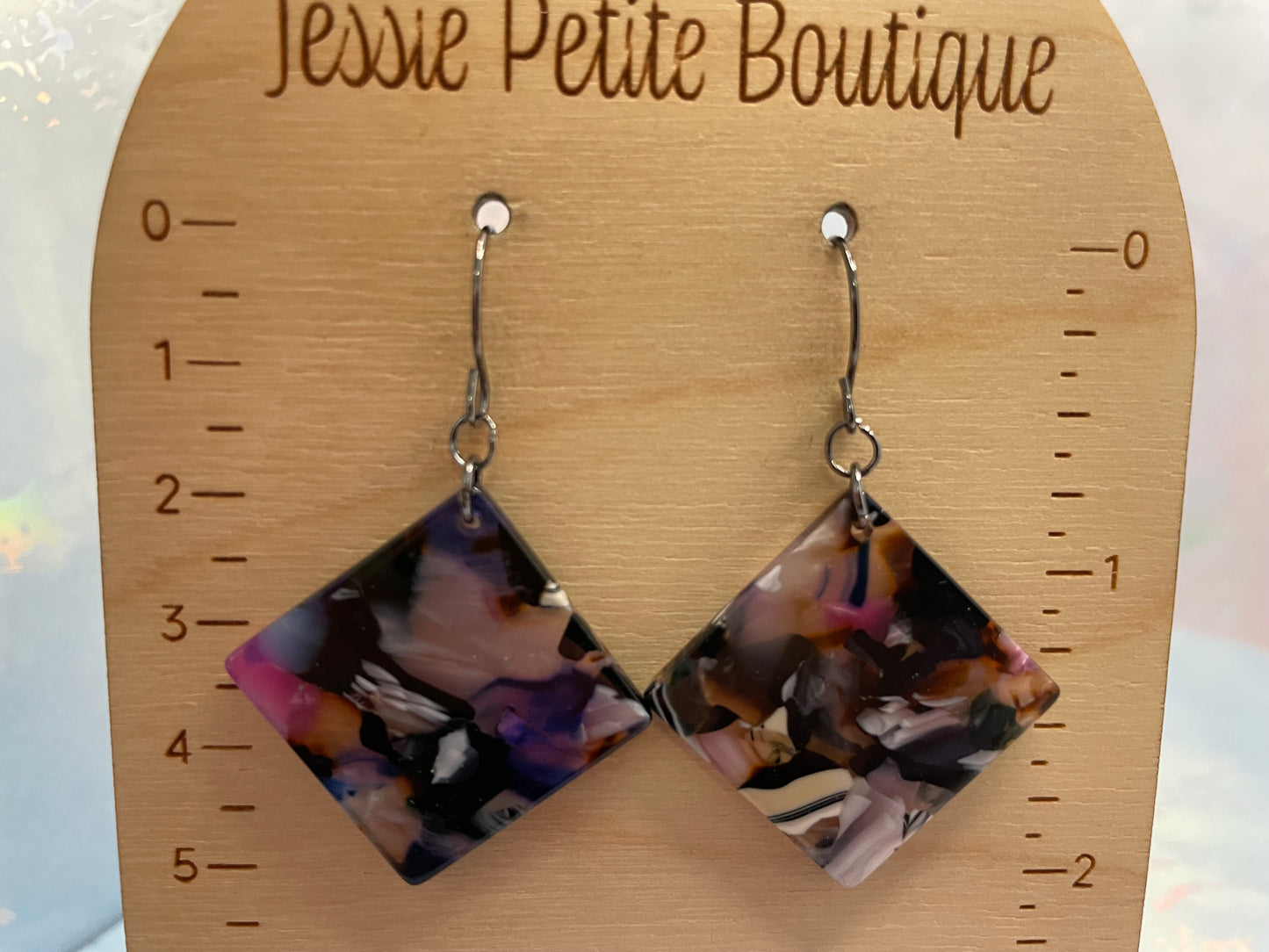 Boucles d’Oreilles Carrées en Acrylique Multicolores–Acier Inoxydable