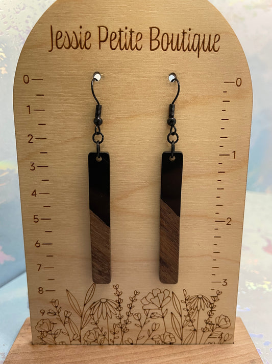 Wood & Black Acrylic Long Rectangle Earrings