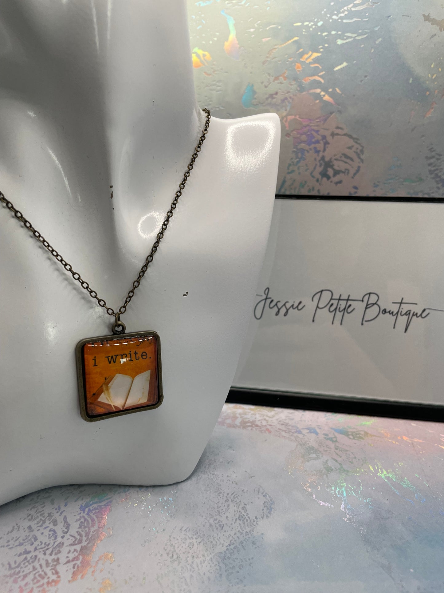 "I Write" Pendant Necklace - Bronze Square
