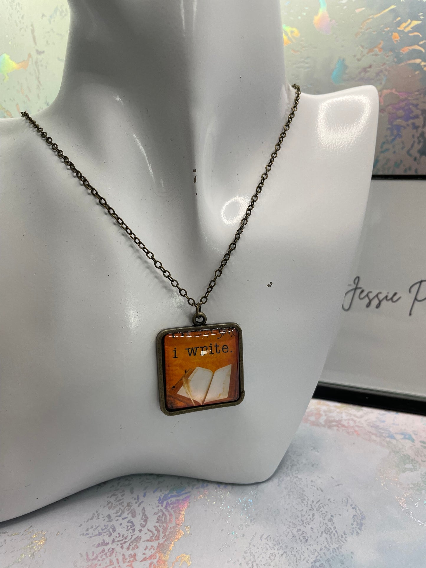 "I Write" Pendant Necklace - Bronze Square
